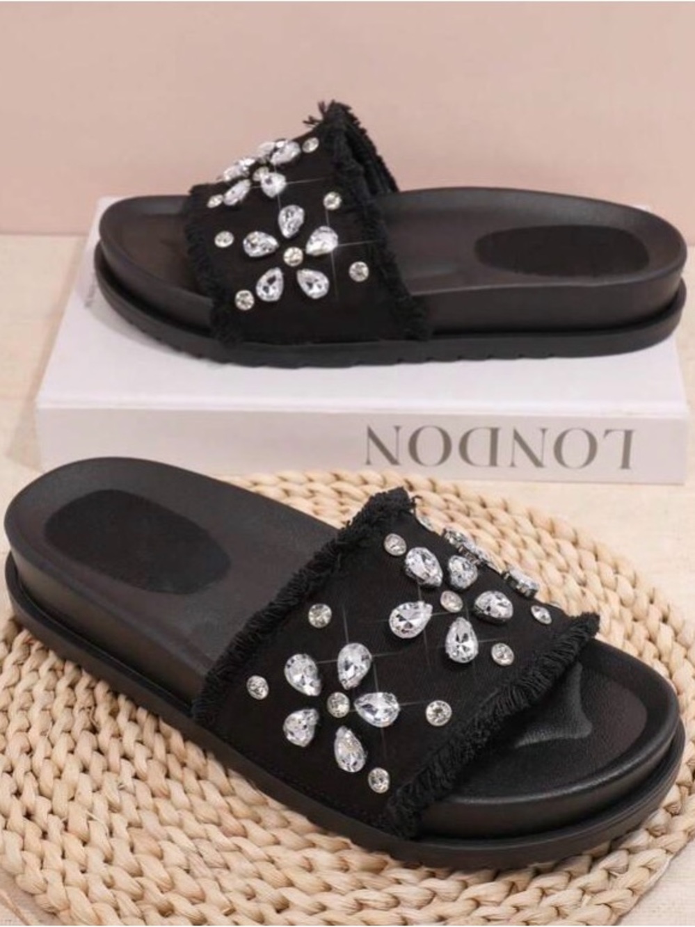 SHEIN Black Crystal-Embellished Slide Sandals